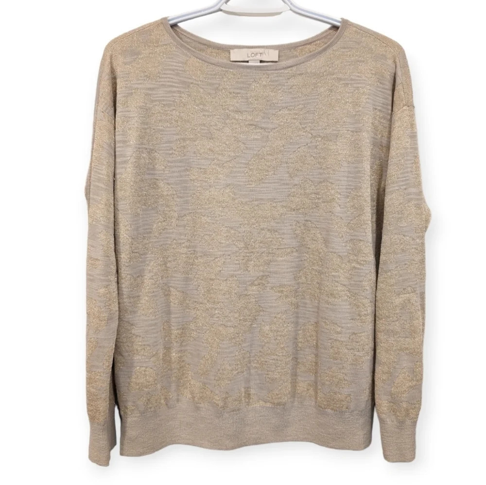 Ann  Taylor Loft Beige & Gold Sparkle Wool Blend Printed Sweater Womans Small